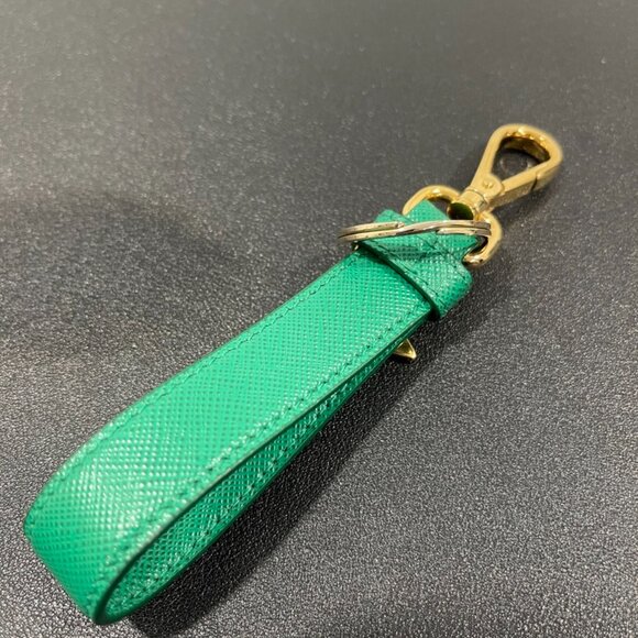 Prada Triangle Logo Leather Keychain Green/Gold (JB1069) - Picture 3 of 4